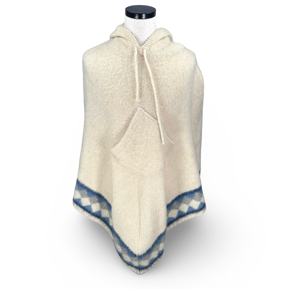 IceLamb by Kinetic Poncho Wool Sweater Women’s Large Cream Blue‎ Nordic Hooded